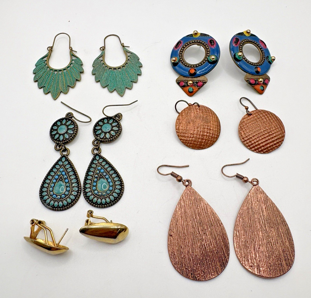Mixed Metal Lot of 6 Copper Brass Enamel Earrings Vintage Colorful Dangle Drop
